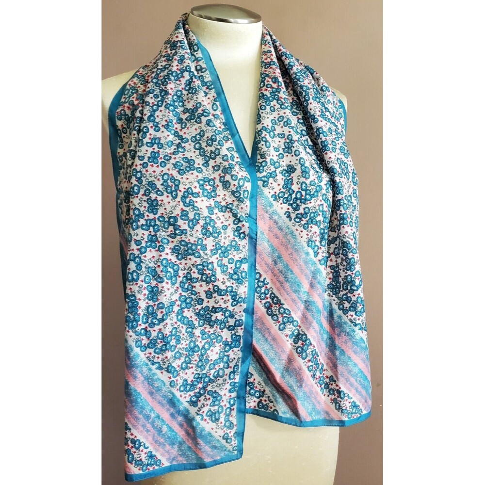 Vintage Scarf Wrap Scarf Blue Pink Floral Stripe 54x12" Reverses Lightweight 70s
